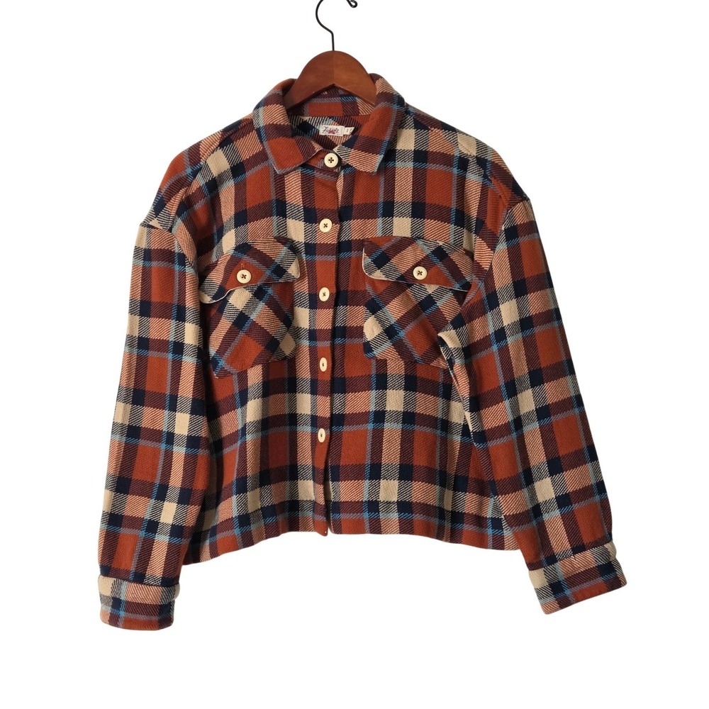 Faherty Surf Flannel Overshirt Plaid Cropped Shacket Organic Cotton Size M